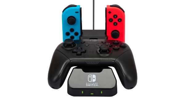 Charging Base for Nintendo Switch shown charging Joy-Cons and a controller viewed from the front
