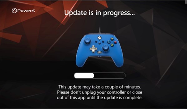 Gamer HQ App screen showing a controller and progress bar reading Update is in progress