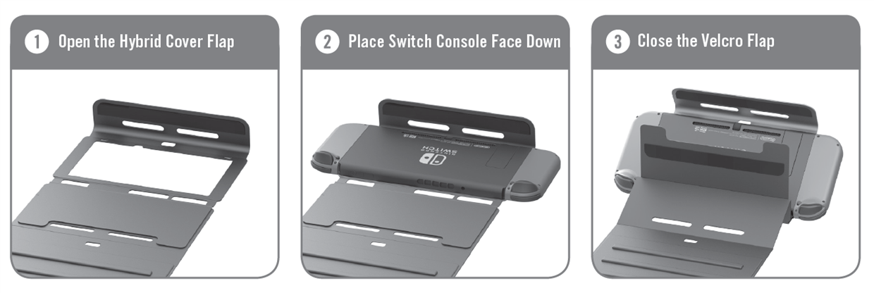 Image guide showing the process to put on the Nintendo Switch Hybrid cover