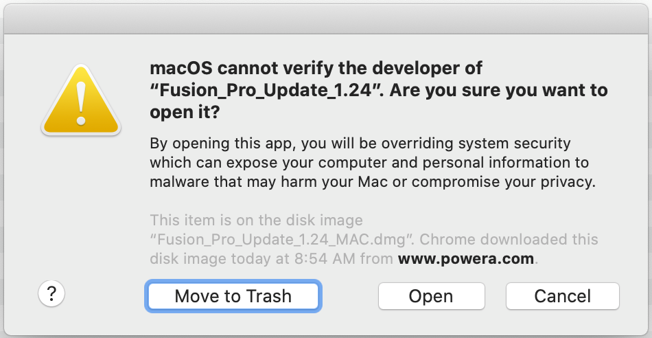 Image showing a warning message about non verified developers