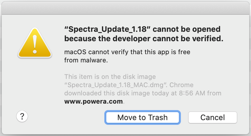 Image showing a Mac error message about opening a non verified developer program
