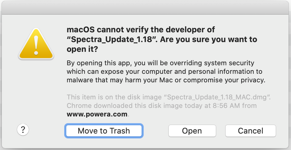Mac error message warning about opening a Non-verified developer program