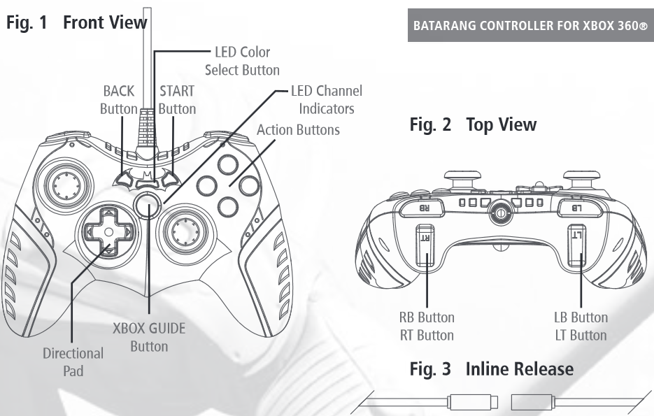 Button layouts of the Batarang controller for xbox 360