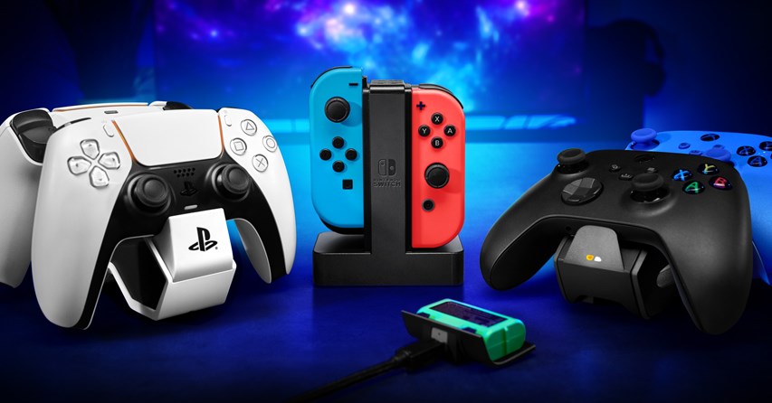 PlayStation, Xbox and Nintendo chargers on a dark blue background with lightning strikes