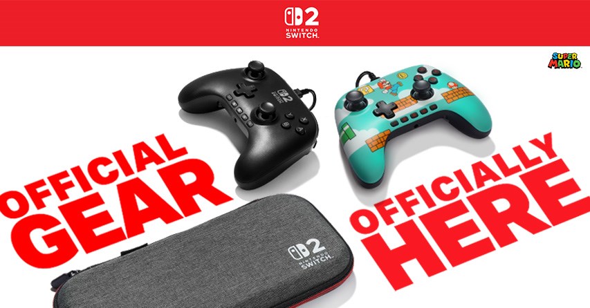 Official Gear, Officially Here text on a white ground with controllers and case for Nintendo Switch 2