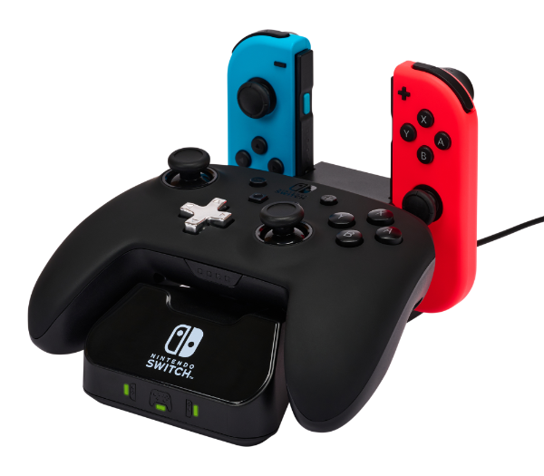 Charging Base for Nintendo Switch shown charging Joy-Cons and a controller on black background