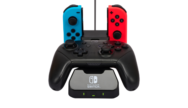 Charging Base for Nintendo Switch shown charging Joy-Cons and a controller viewed from the front