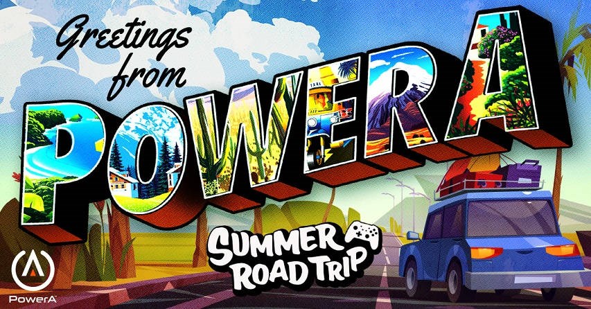 PowerA Summer Road Trip text on a retro postcard background