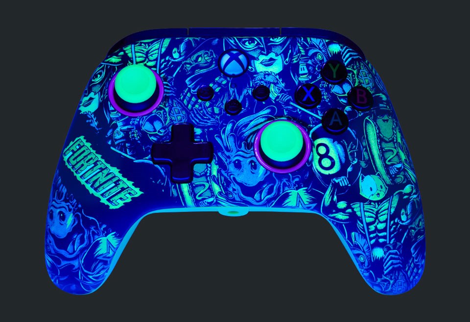 Fortnite Glow Controller shown under blacklight with uv pattern
