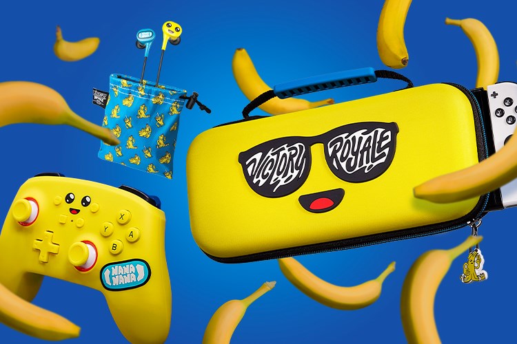 Bananas falling all around Peely cases, earbuds and controllers
