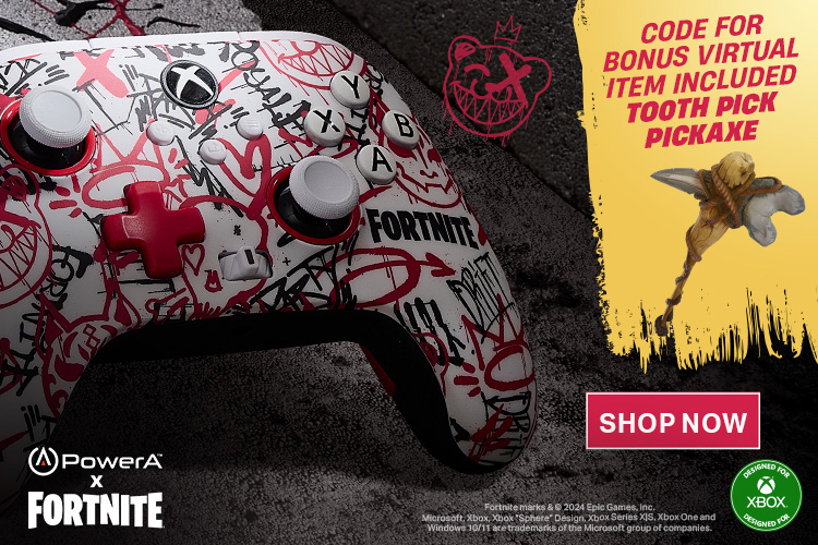 Fortnite SE Wireless Controller for Xbox shown with code for bonus virtual item - tooth pick pickaxe