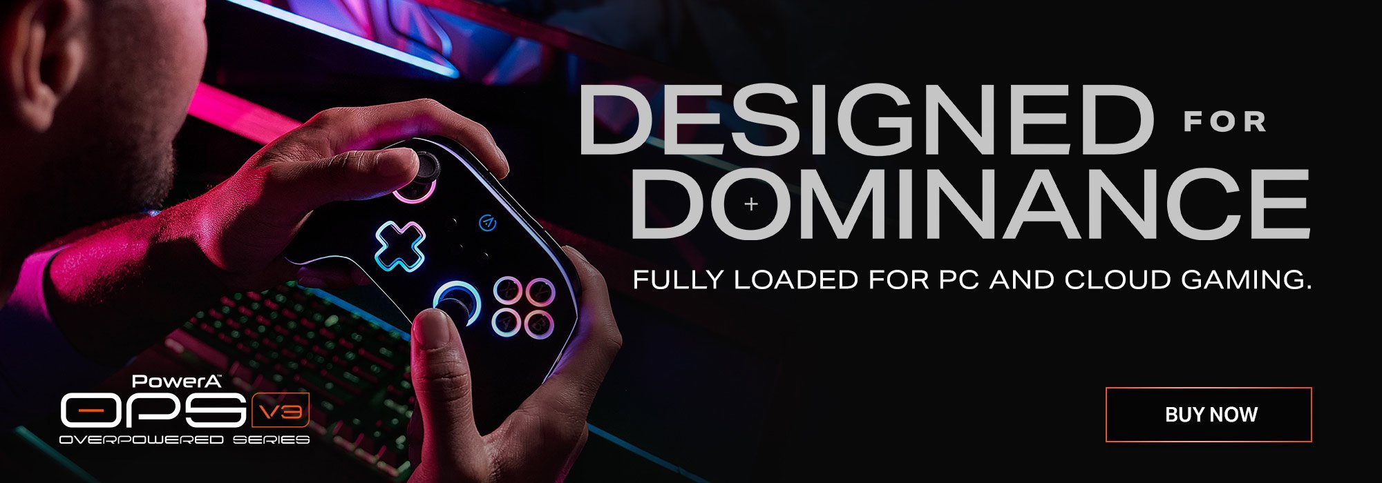Glowing OPS v3 Wireless PC Controller held above a PC with text Designed for Dominance - Preorder Now