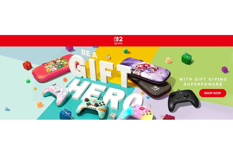 Nintendo Switch 2 wireless controllers with 3D text: Be a Gift Hero