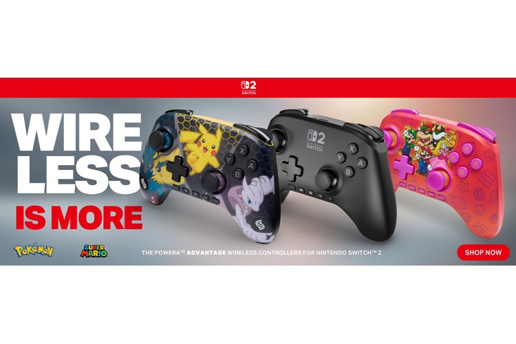 Nintendo Switch 2 wireless controllers with graphical text: Official Gear Officially Here