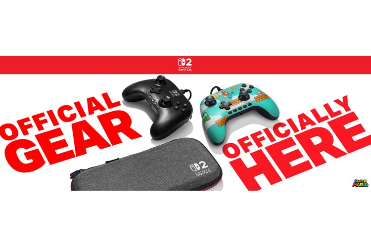 Nintendo Switch 2 controllers and case laying on white ground with graphical text: Official Gear Officially Here