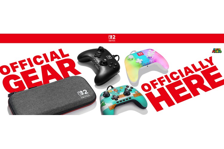 Nintendo Switch 2 controllers and case laying on white ground with graphical text: Official Gear Officially Here