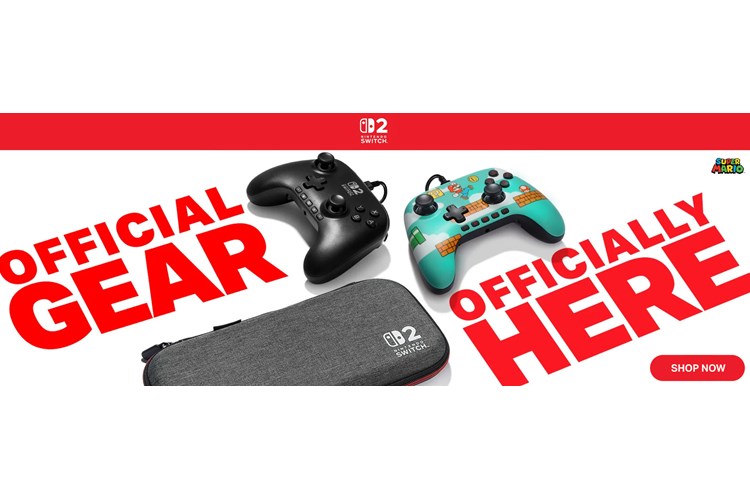 Nintendo Switch 2 controllers and case laying on white ground with graphical text: Official Gear Officially Here