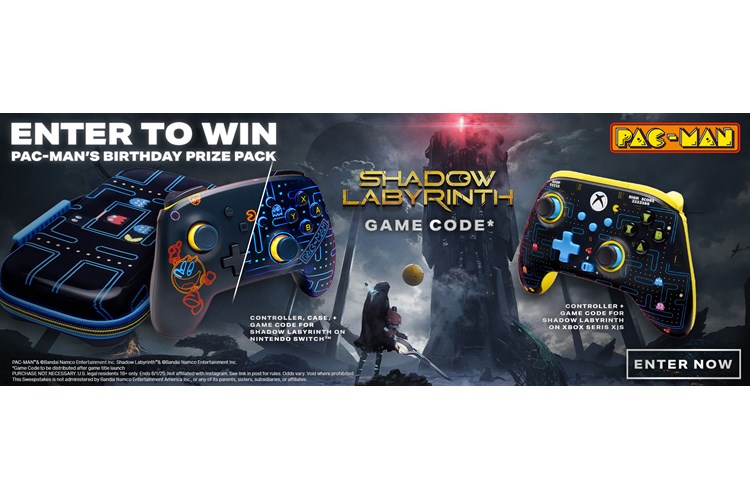 Enter to Win PAC-MAN's BirthDay Prize Pack text with controllers and case on a Shadow Labyrinth background