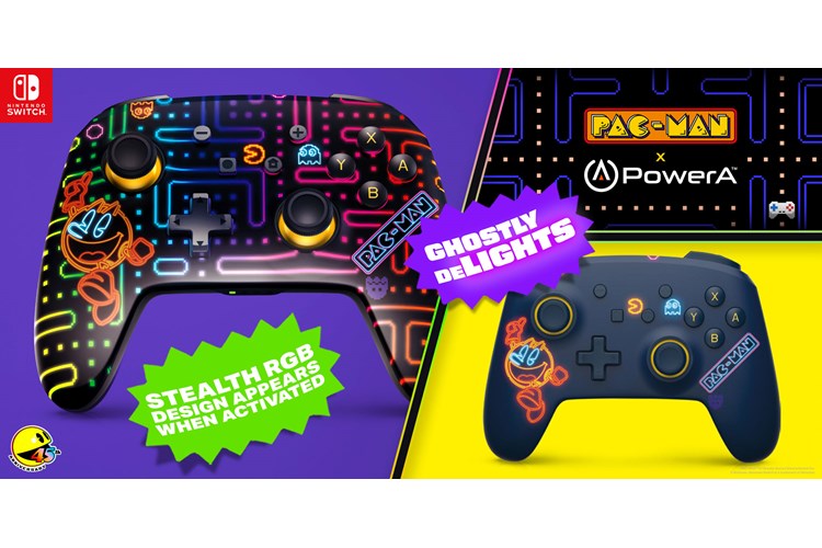 Split screen showing PowerA Controller with PAC-MAN graphics and lit with glowing classic game screen and neon glowing characters