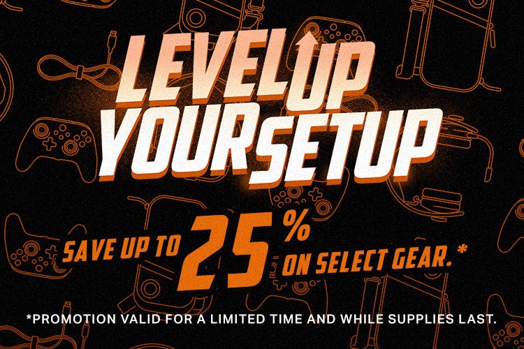 Orange product line art on a black ground. Text announces 25% off sale