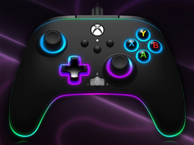 Spectra Infinity controller with glowing edges on a dark neon background