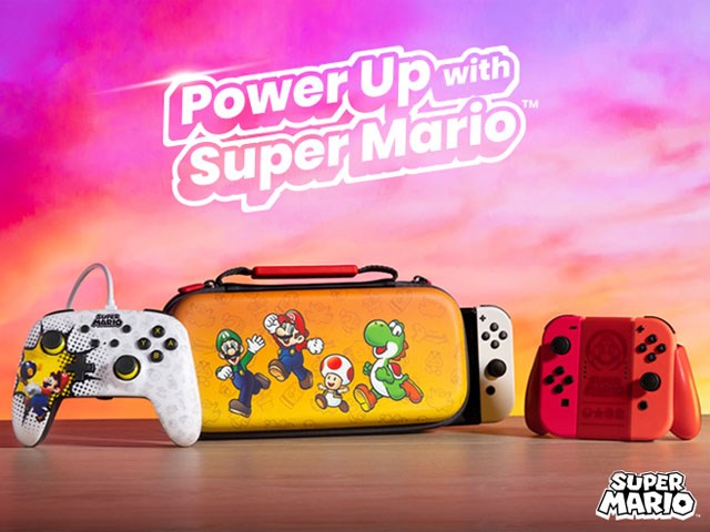 Assorted Mario controllers and gear on a pink sky background