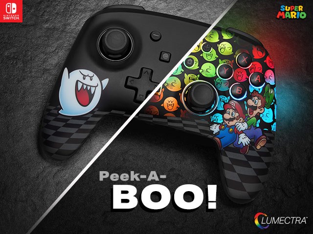 Peek-A-Boo Mario Controller shown on a split screen with one half showing ghost graphics and one half showing the RGb glowing hidden ghosts and Mario characters