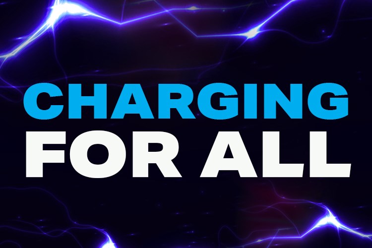Charging For All text on a dark background with lighting arcing across it