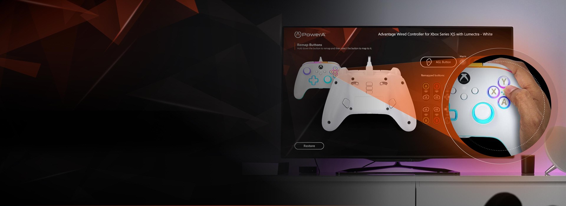 Closeup of a glowing Lumectra Controller with Button Remapping App screen shown behind it