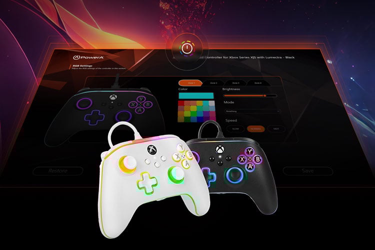 Configure your RGB settings app screen shown with controllers on a glowing spacy background