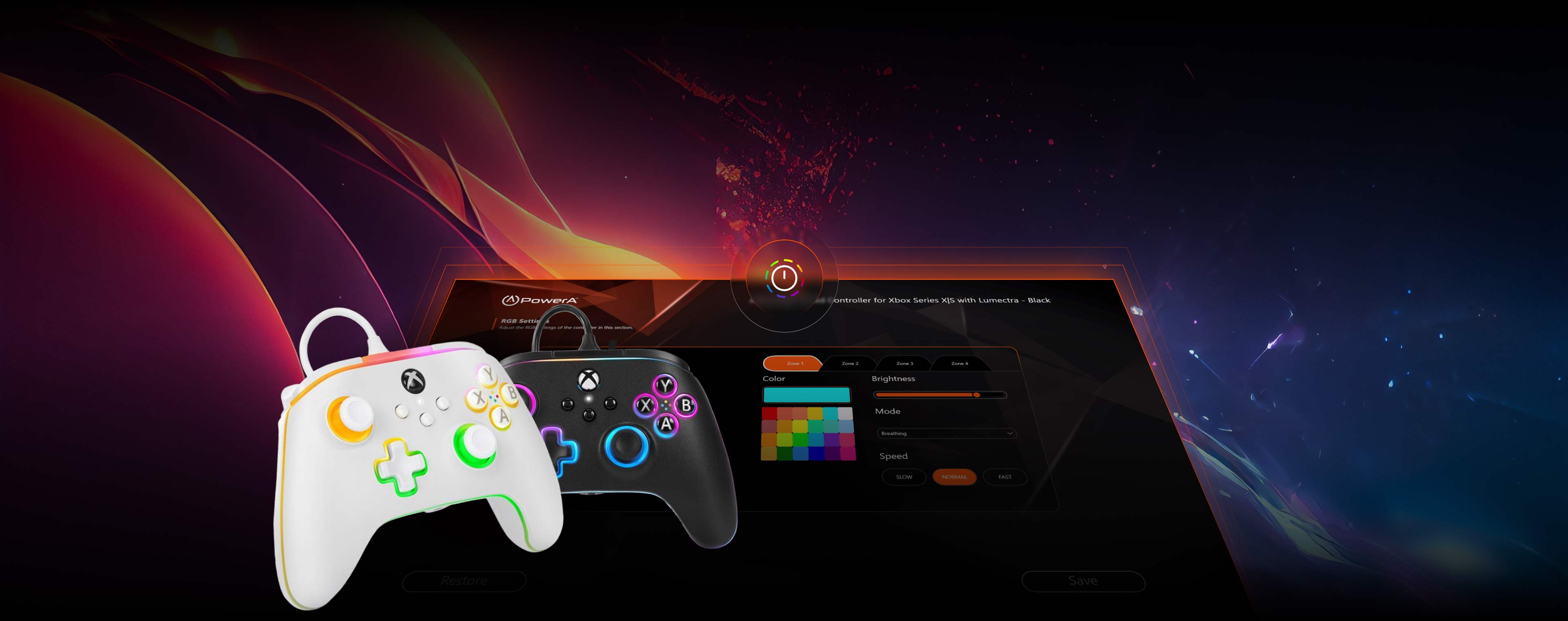 Configure your RGB settings app screen shown with controllers on a glowing spacy background