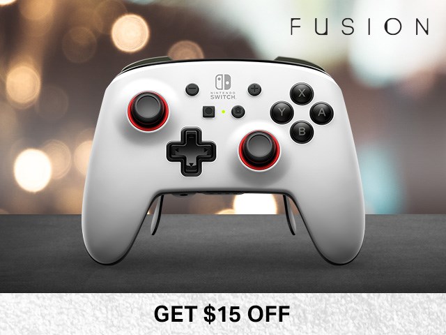 FUSION Pro Wireless Controller for Nintendo Switch with white faceplate on blurry Holiday background