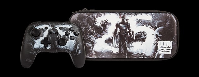 Doom 25 controller and matching case side by side on a black background