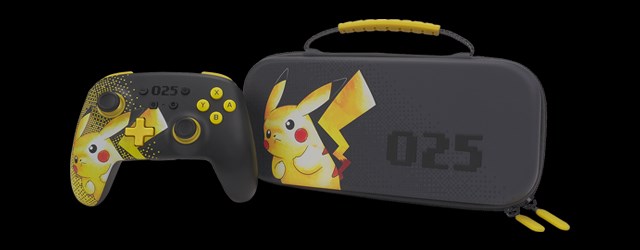 Pikachu 025 Controller and Matching Case side by side on a black background