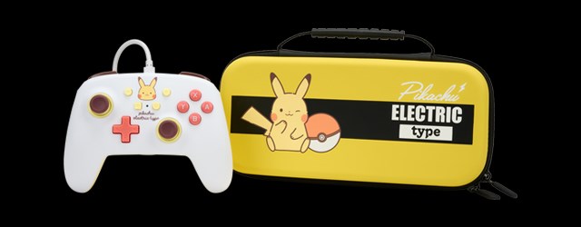 Pikachu Electric Type controller and matching case side by side on a black background