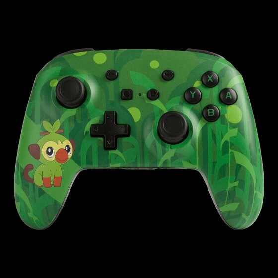 Green controller with subtle jungle designs and Grookey in the lower left corner