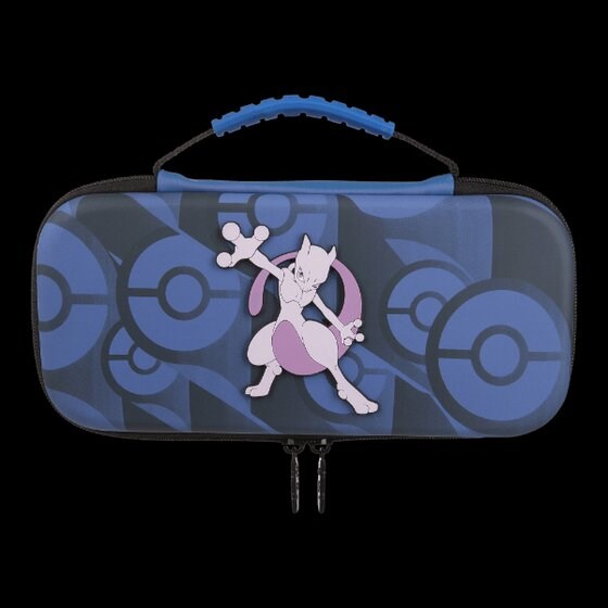 Mewtwo design centered on a black case with dark blue poke ball background