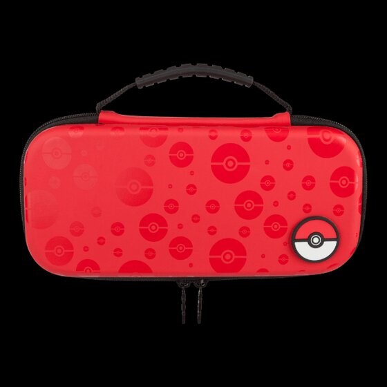 Red Poke Ball on a Red case with Pokemon imagery on black background