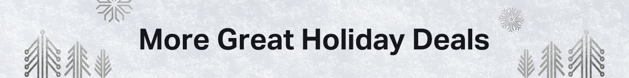 More Deals text on a snowy background with silvery circuitboard snowflakes and trees