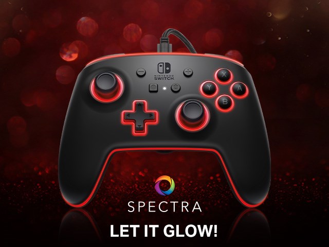 Spectra Enhanced Wired Controller for Nintendo Switch on a dark, blurry holiday background