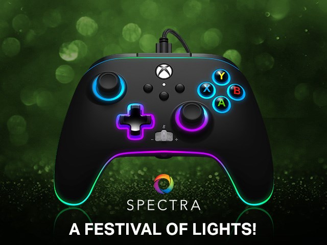 Spectra Infinity Enhanced Wired Controller for Xbox Series X|S with multicolor lighting on dark background
