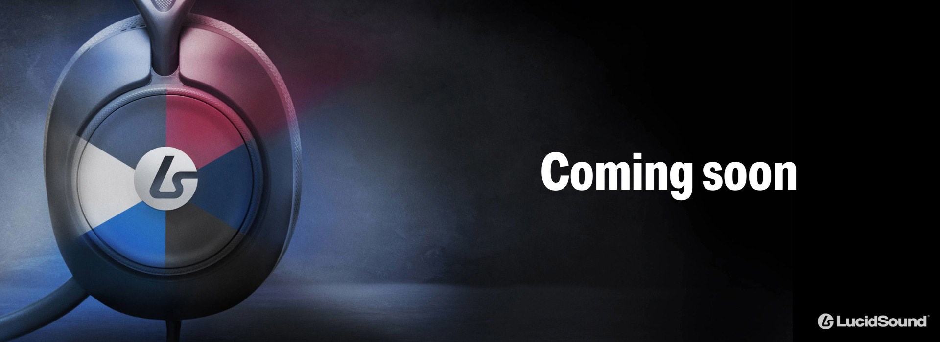 Image of a lucidsound headset showing different upcoming colors on a moody dark background with text that reads Coming Soon