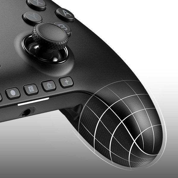 Detail of controller handle showing the ergonomic grips