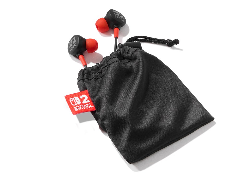 Earbuds for Nintendo Switch 2 shown in their fabric pouch