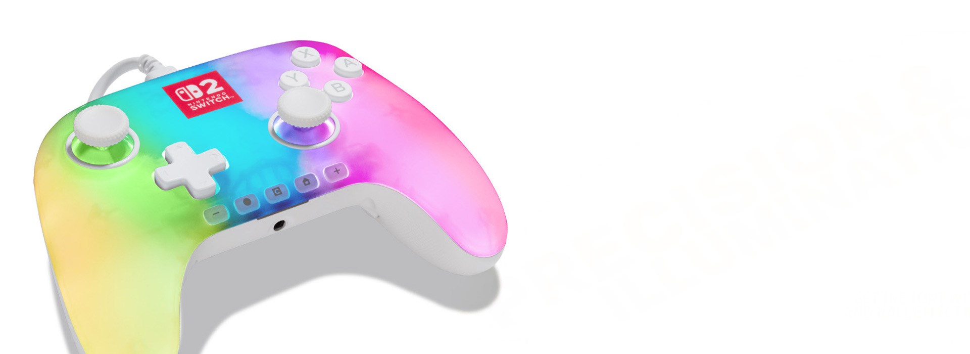Nintendo Switch 2 controller laying on a white ground
