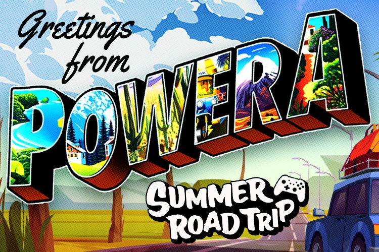 Summer Road Trip text in an retro postcard style