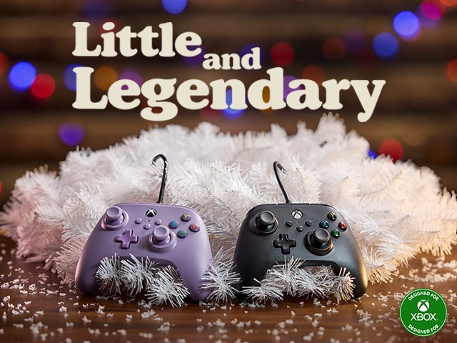 Black and Lilac Nano Mini Controllers nestled in a pile of silvery fir branches on a snowy table