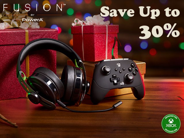 FUSION Headset and Controller on a surrounded by wrapped presents and text reading Save Up to 30%