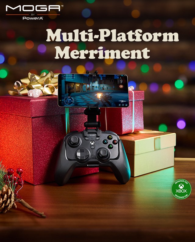 MOGA XP-Ultra Controller with a Phone showing a gameplay leaning up against a pile o presents