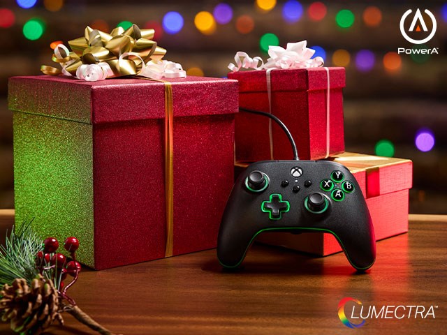 The Advantage Wired Controller for Xbox with Lumectra glowing green surrounded by presents
